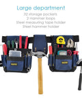 All In One Tool Belt Pouch With 32 Pockets And Hammer Loops, shown filled with tools, featuring detachable belt and hammer holder.
