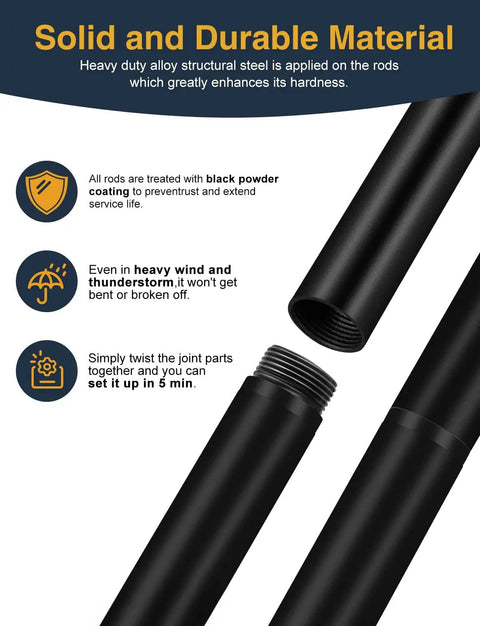 Close-up of Heavy Duty Outdoor String Light Poles 9 Foot Metal Poles With 7 Prong Base And Two Hooks for backyard assembly