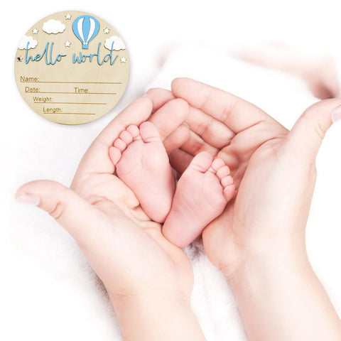 5.9 Inch Wooden Hello World Birth Announcement Sign With Pen And Stand, Blue Balloon And White Cloud, Newborn Feet