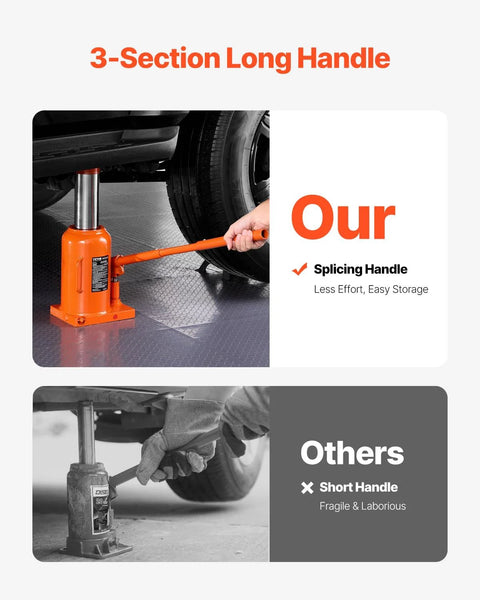Front view of orange VEVOR hydraulic bottle jack with a 3-section long handle lifting a car; Our vs Others panel.