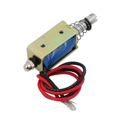 6V 300mA DC Solenoid Electromagnet With 10mm Stroke And 5N Push Pull Force In A Compact Metal Frame For DIY Projects And Automation JF0530B, blue coil and red wires