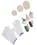 11 Piece Polishing Buffing Wheel Kit With Cotton Flannel Pads And Wax Rod Mount For Cordless Drills, includes gloves and various pads.
