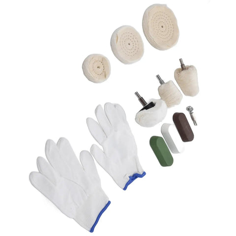 11 Piece Polishing Buffing Wheel Kit With Cotton Flannel Pads And Wax Rod Mount For Cordless Drills, includes gloves and various pads.