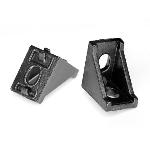 Black Corner Brackets For 2020 Aluminum Extrusion T Slot Set Of 20 6mm Compatible, zinc alloy with sand blasted finish, shown in pair.