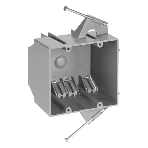 2-Gang Non-Metallic PVC New Construction Junction Box With 32.5 Cu In Capacity For Outlets, Switches And Dimmers, showing nails and knockouts