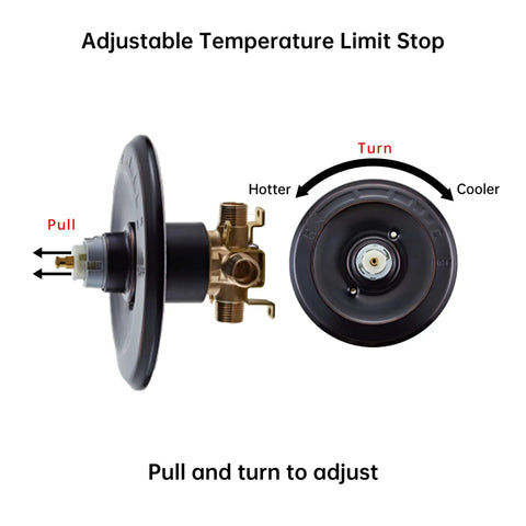 Side and front view of Shower Cartridge Replacement For 13 And 14 Series Single Handle Faucets No Drip Fix, compatible with MultiChoice Rough In Valve, showing adjustable temperature limit
