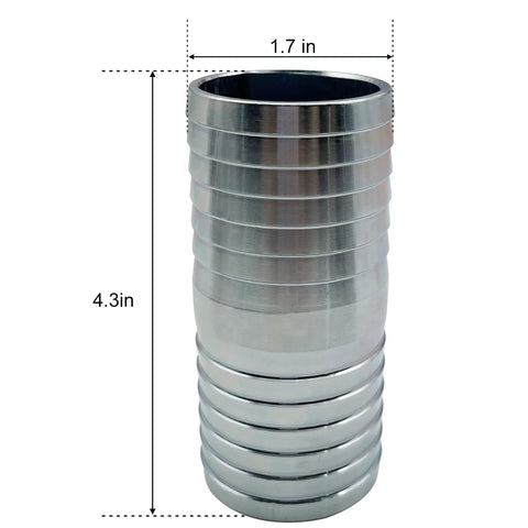 Close-up of 2-inch stainless steel hose barb fitting with a straight barb.