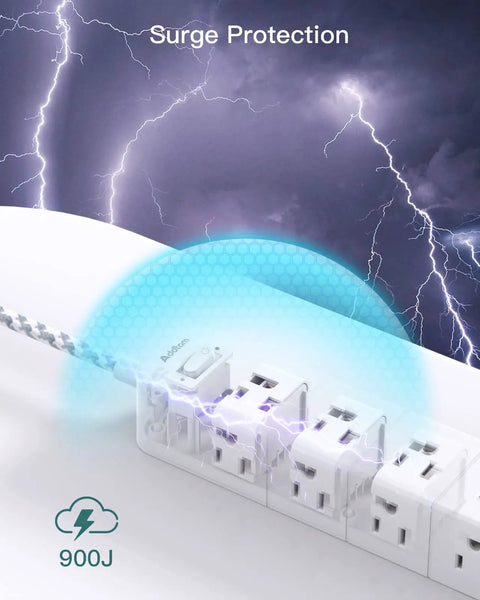Surge Protector Power Strip With Twelve Outlets And Three USB Ports, Five Foot Extension Cord, Flat Plug, Wall Mount, ETL Listed, Space Saving Outlet Extender For Dorm, Home Office Or Workshop