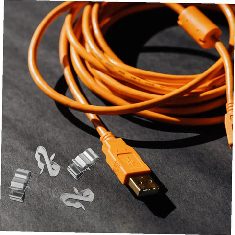 Hella Tough 50 Pack Stainless Steel Solar Cable Clamps For Photovoltaic Wire Management, Wicked Smooth UV Resistant Clip Brackets with orange USB cable