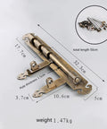 Real Deal Solid Brass Slide Door Bolt Lock With Tight Concealed Screw Surface Mount Setup For Master Bedroom Bathroom Gate Cabinet, dimensions shown.