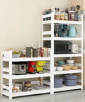 Rock Solid Three Tier Steel Shelving Unit With Fully Adjustable Boltless Racks For Garage Pantry Kitchen Organization White Heavy Duty Storage Rack Simple Setup displaying kitchen appliances and pantry items.