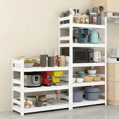 Rock Solid Three Tier Steel Shelving Unit With Fully Adjustable Boltless Racks For Garage Pantry Kitchen Organization White Heavy Duty Storage Rack Simple Setup displaying kitchen appliances and pantry items.
