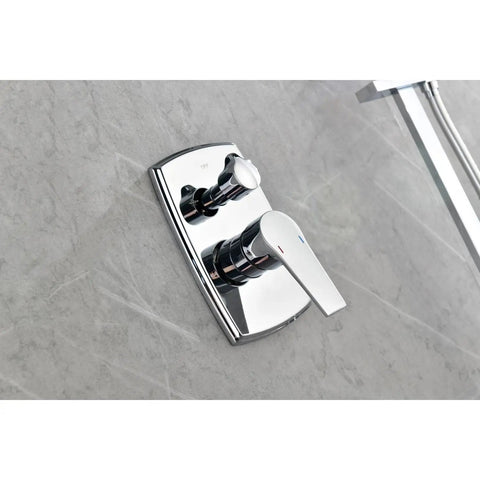 Wall Mounted Waterfall Rain Shower System with 3 Body Sprays & Handheld chrome control valve on gray tile wall.