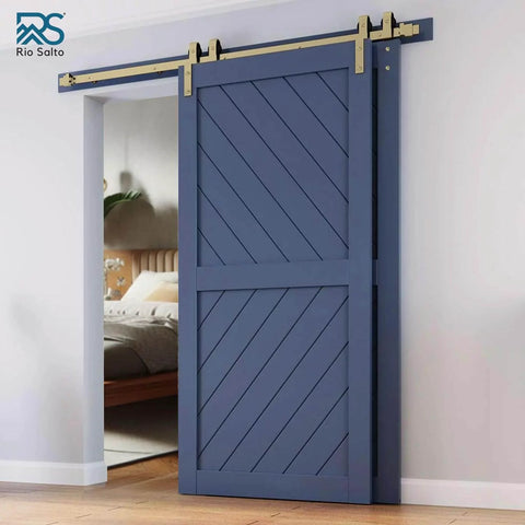 Gold Bypass Barn Door Hardware Kit For Double Doors 79 Inch Single Track Aluminum Rail With Brushed Brass Finish Hardware Only Includes All Mounting Hardware For Quick Hang Of Two Panel Doors installed on blue doors.