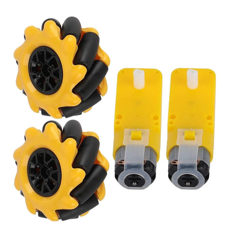 48mm Mecanum Wheel Set With TT Motors For Smooth Omnidirectional Robot Movement, yellow rubber-coated wheels, left/right pair