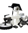 Garage Beast Variable Speed Belt Sander And Metal Polisher With A Wide 72 To 82 Inch Sanding Belt And 3 Grinding Wheels Paired With A Rock Solid Base 110V on a workbench.