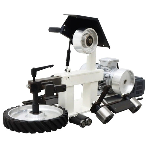 Garage Beast Variable Speed Belt Sander And Metal Polisher With A Wide 72 To 82 Inch Sanding Belt And 3 Grinding Wheels Paired With A Rock Solid Base 110V on a workbench.