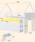 Twin Size Loft Bed With LED Lights And 8 PU Fabric Storage Drawers, House Shaped Metal Bed With Open Bookcase and Guardrail