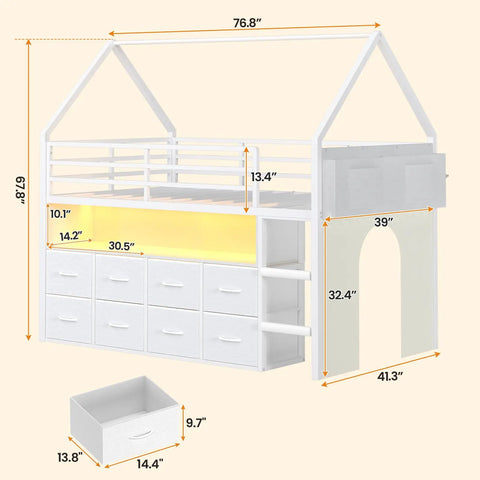 Twin Size Loft Bed With LED Lights And 8 PU Fabric Storage Drawers, House Shaped Metal Bed With Open Bookcase and Guardrail