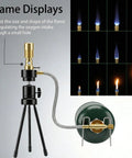 Propane Bunsen Burner With Adjustable Tripod And Air Intake For Lab Heating, features flame displays and construction details.