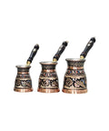 Set of three Erzincan copper pots with floral pattern, part of Dope Copper Turkish Sand Coffee Maker Heating Stand With Floral Pattern Erzincan Design.