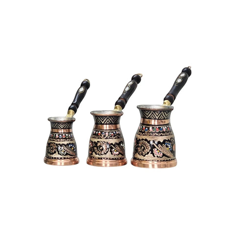 Set of three Erzincan copper pots with floral pattern, part of Dope Copper Turkish Sand Coffee Maker Heating Stand With Floral Pattern Erzincan Design.