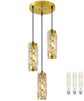 Three Light Crystal Pendant Light Fixture With Bulbs Included Brushed Brass Island Pendant For Kitchen 60-Inch Adjustable Cord