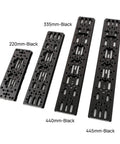 Four black telescope dovetail mounting plates in sizes 220mm, 335mm, 440mm, and 445mm with multiple threaded holes visible.