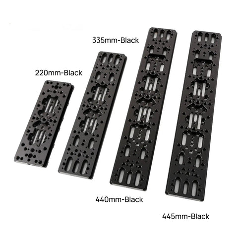 Four black telescope dovetail mounting plates in sizes 220mm, 335mm, 440mm, and 445mm with multiple threaded holes visible.