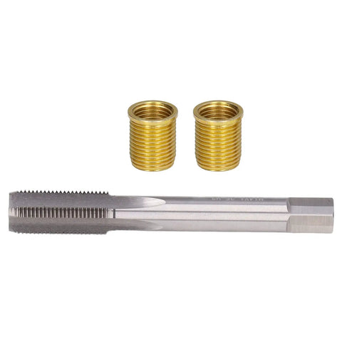 Thread Repair Tools Kit With Ten Pcs X1.25 Stainless Steel Inserts And M14X1.25 High Speed Steel Tap For Gasoline Engines And Generators Rethreaded Hole Repair Kit that fixes stripped threads, shown with tap and inserts