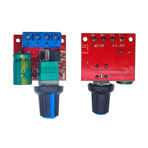 Mini DC Motor PWM Speed Controller 5V-35V Regulator Module 0-5A 90W board front and back view for RC Hobby Projects