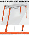 Heavy Duty Folding Welding Table With Adjustable Height And 1000 Lb Capacity Shop Grade Steel Workbench showing adjustable legs and handle.