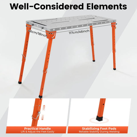 Heavy Duty Folding Welding Table With Adjustable Height And 1000 Lb Capacity Shop Grade Steel Workbench showing adjustable legs and handle.