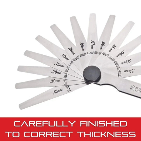 Tempered Steel Metric Thickness Gage With Tapered Leaves And Locking Device, Rugged Steel Case, 0.03-0.50mm Range, 13 Leaves