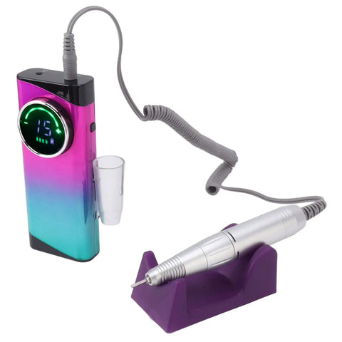 Badass Cordless Electric Nail Drill Machine Packing 30000 Rpm Power And A Massive 2600Mah Battery With Six Interchangeable Grinding Heads For Dope Gel Acrylic Manicures On The Go with colorful design and charging dock.