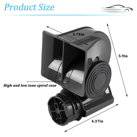 Top Shelf Heavy Duty Dual Tone Electric Air Horn With Badass 150db Thunder Blast 12v Direct Connect Wiring Harness Compact Universal Snail Valve Kit dimensions 5.9x4.37in, ABS material.