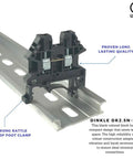 DK2.5N-BK DIN Rail Terminal Block Screw Type UL Listed 600V 20A 12-22AWG mounted on rail, side view showing foot clamp
