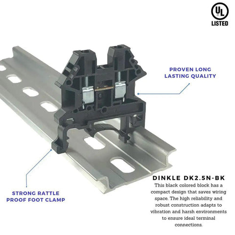 DK2.5N-BK DIN Rail Terminal Block Screw Type UL Listed 600V 20A 12-22AWG mounted on rail, side view showing foot clamp