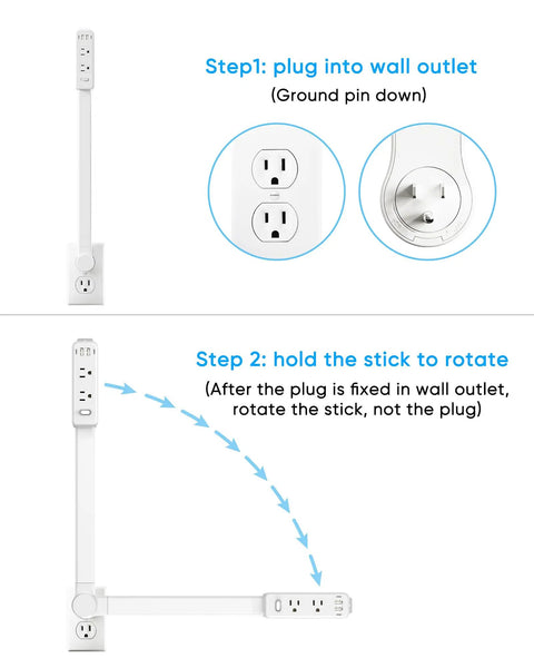 Smooth Gliding Power Strip Extender With Six Standard Outlets And Four Fast Charge Usb Ports mounted in wall outlet with instructions.