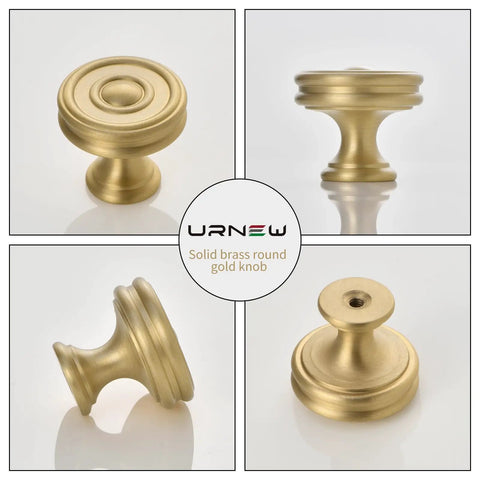 Solid Brass Cabinet Knobs Six Pack, Brushed Matte Gold Round Drawer Pulls, 1-1/4 Inch, multiple angles display