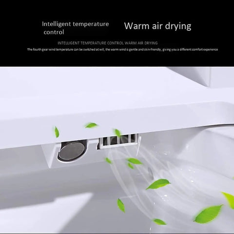 Heavy Duty Smart Bidet Toilet Seat With Stainless Steel Nozzle Smooth Operator Warm Shower Spray Kicking Up Heat Quick Dry Fan showing warm air drying feature with intelligent temperature control.