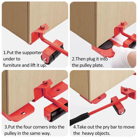 Step-by-step guide showing the Heavy Duty Furniture Lifter And Moving Dolly Kit With Wheels for sofas, beds, cabinets.