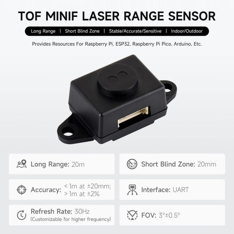 Slick Design D ToF Laser Range Sensor For Pro Robotics Projects Featuring Killer Accuracy Solid Uart Interface, compact size, and sensor details.