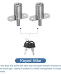 Built Tough Push Plunger Lock Keyed Alike Package With Snap In Screws And Protective Cap For Cabinets Drawers And Storage Cases 3 4 Inch Cylinder Diameter 1 4 Inch Projection No Hassle Silver Finish Pack Of Two showing two locks and keys.