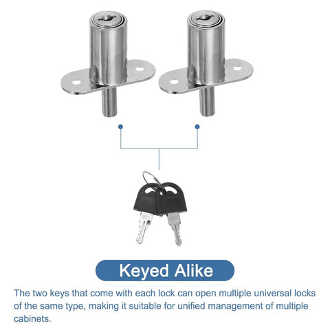 Built Tough Push Plunger Lock Keyed Alike Package With Snap In Screws And Protective Cap For Cabinets Drawers And Storage Cases 3 4 Inch Cylinder Diameter 1 4 Inch Projection No Hassle Silver Finish Pack Of Two showing two locks and keys.