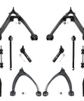 Front Suspension Kit 14 Piece For 2007 2013 Chevy Silverado 1500 And GMC Sierra 1500 Includes 2 Front Struts With Coil Spring 4 Upper Lower Control Arms With Ball Joints 4 Inner Outer Tie Rods 2 Sway Bars And Boots displayed.
