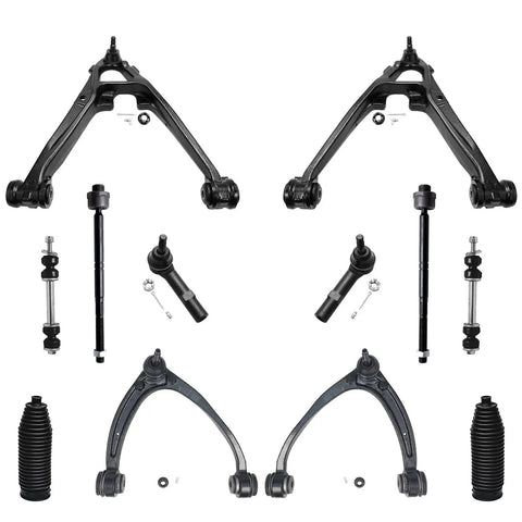 Front Suspension Kit 14 Piece For 2007 2013 Chevy Silverado 1500 And GMC Sierra 1500 Includes 2 Front Struts With Coil Spring 4 Upper Lower Control Arms With Ball Joints 4 Inner Outer Tie Rods 2 Sway Bars And Boots displayed.