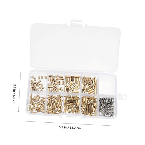 Built Different M2 Screw Assortment Kit With Nickel Plated Iron Fasteners And Copper Standoff Spacers For Heavy Duty Assembly Projects Featuring Durable Threaded Pillars In A Solid Storage Case in transparent storage box.