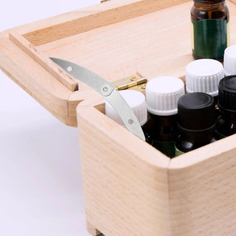 10 Pack Silver Tone Drop Down Lid Hinges With Lid Stay Support For Flap Doors And Cabinets on wooden box holding bottles