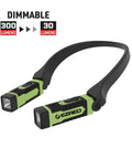 Rechargeable Hands Free Neck Light With Nine Hour Run Time, Water Resistant And Rugged, shown in green and black with 300 lumens